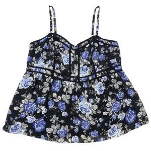 Torrid, Black Georgette Top With Blue Roses, Size 3, 3x